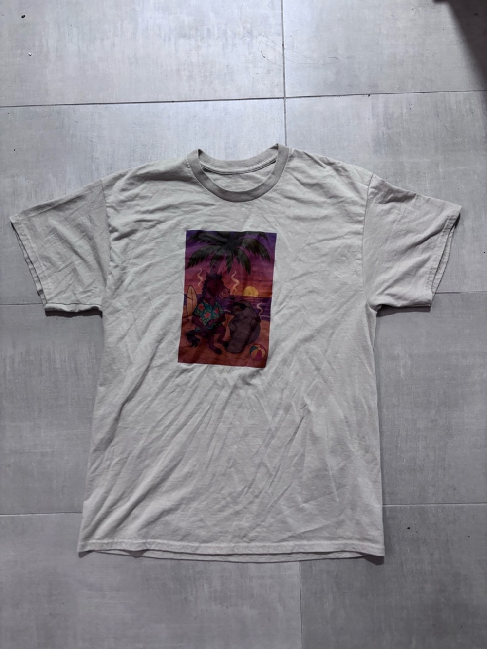 Graphic Beach Sunset Print Short-Sleeve Shirt - Light Tan